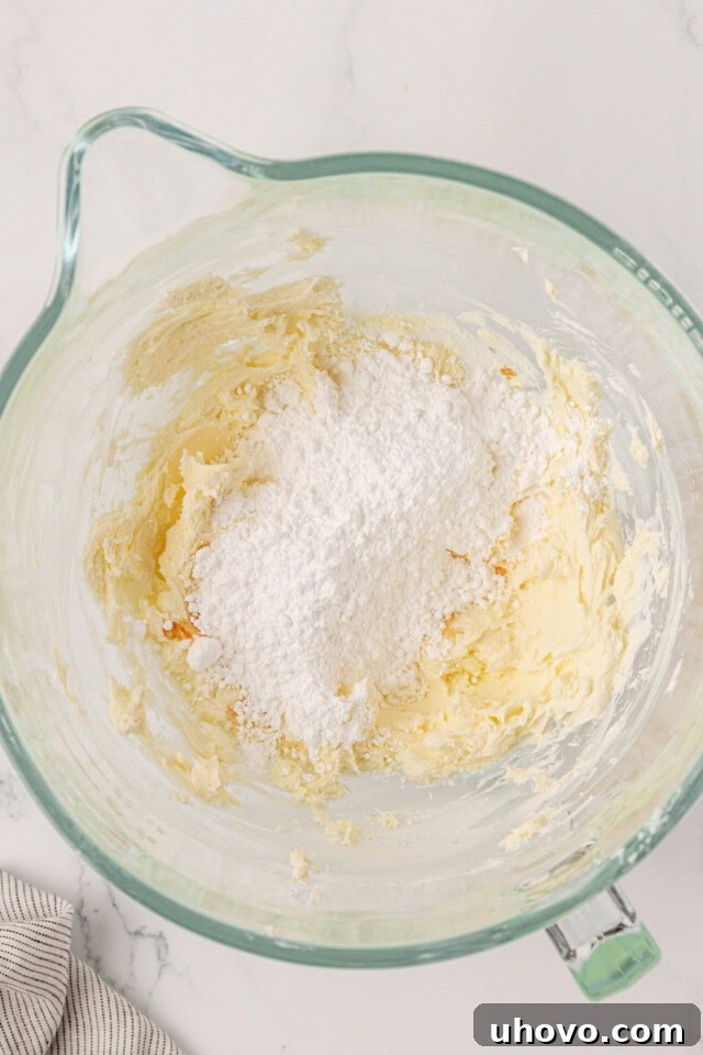 overhead view of confectioners' sugar added to frosting mixture