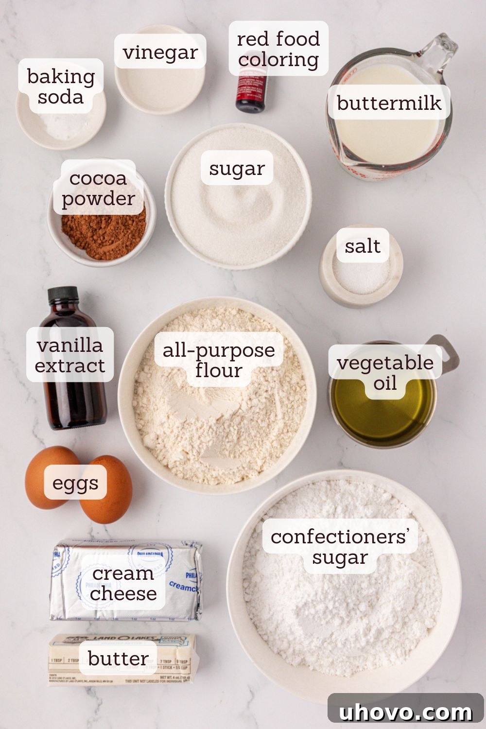 overhead view of ingredients for red velvet sheet cake