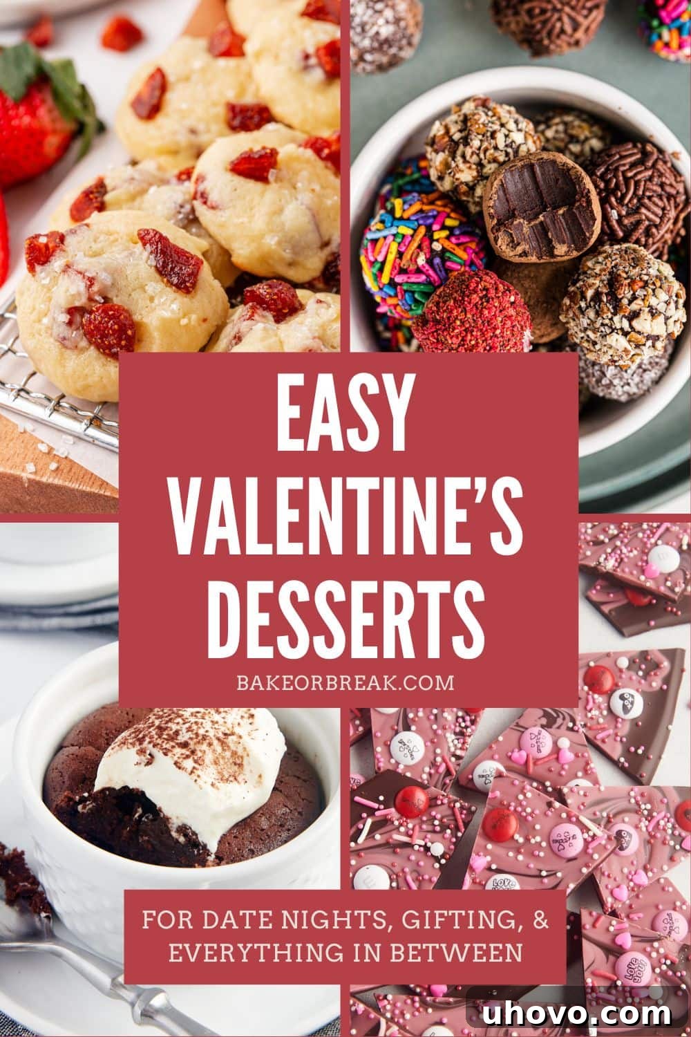 A vibrant selection of homemade Valentine's desserts including elegant chocolate truffles, charming pink cookies, and luscious chocolates, all perfect for celebrating love. These easy-to-make treats offer a mix of romantic options for two, delightful gifts, and fun bakes for any occasion.