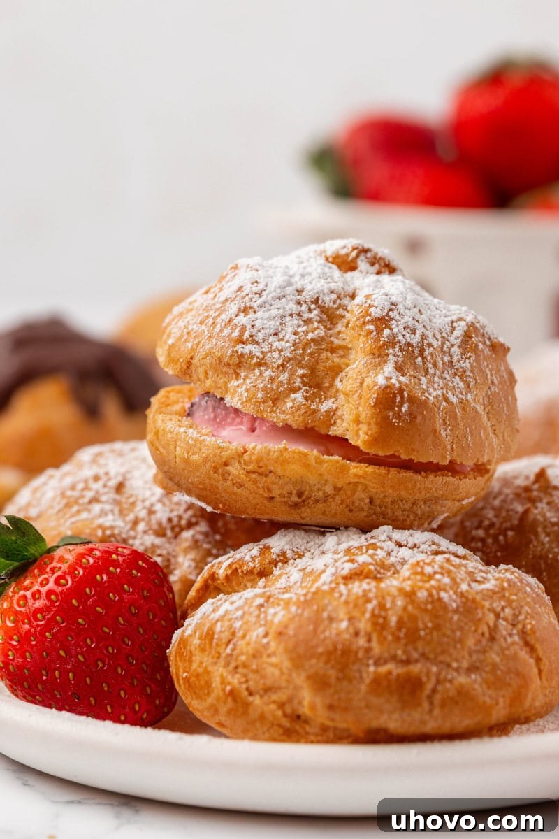 Three ice cream-filled profiteroles artfully arranged on a clean white plate, ready to be served, showcasing their golden shells and creamy filling.