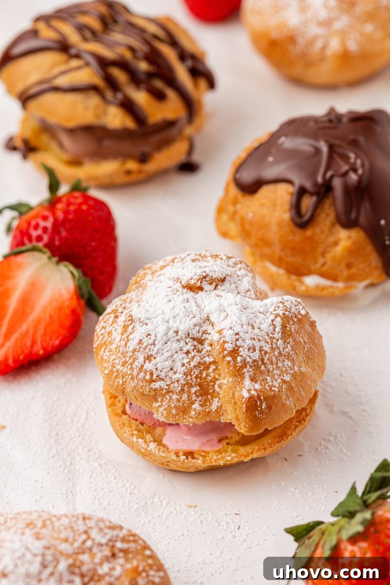A vibrant strawberry ice cream-filled profiterole dusted with powdered sugar, surrounded by other profiteroles with diverse fillings and toppings on a rustic wooden board.