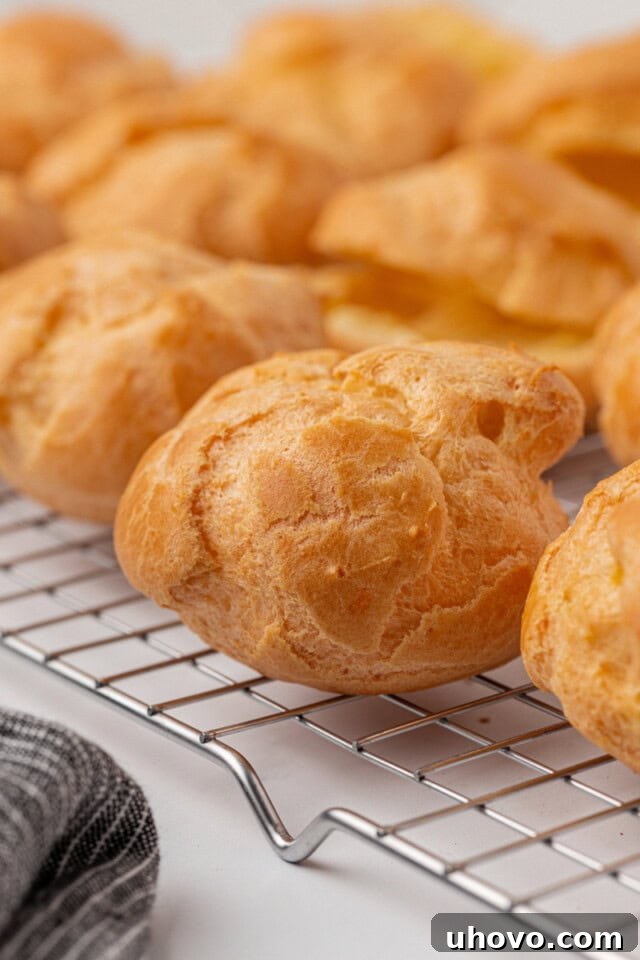 A close-up of freshly baked, golden-brown choux puffs cooling on a wire rack, perfectly puffed and crisp.