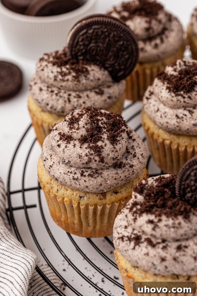 cookies and cream cupcakes topped with Oreo buttercream and cookie crumbs