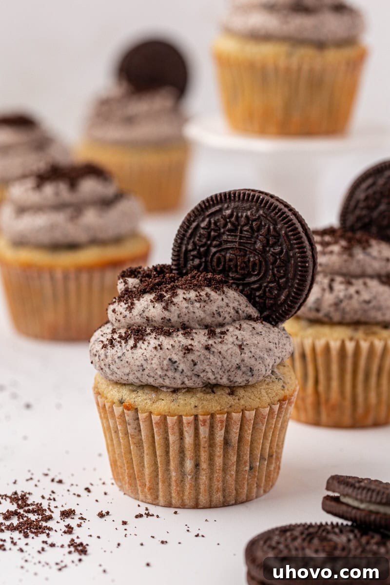 a cookies and cream cupcake topped with Oreo buttercream and a whole cookie