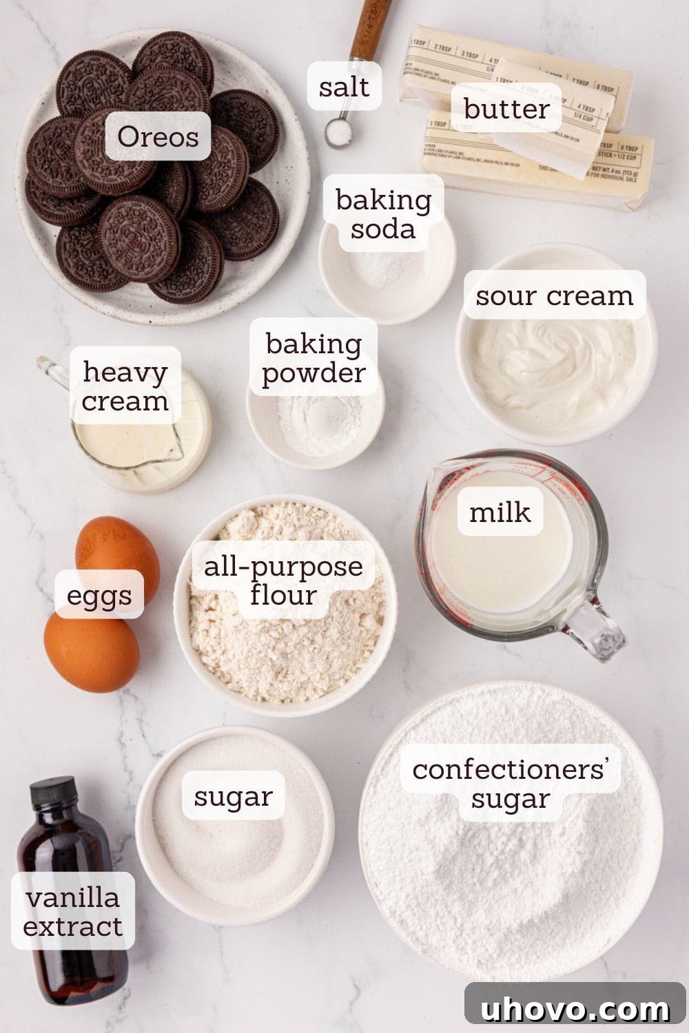 overhead view of ingredients for cookies and cream cupcakes