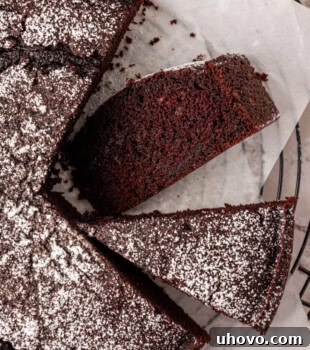 overhead view of partially sliced chocolate olive oil cake with a slice on its side to show the soft texture