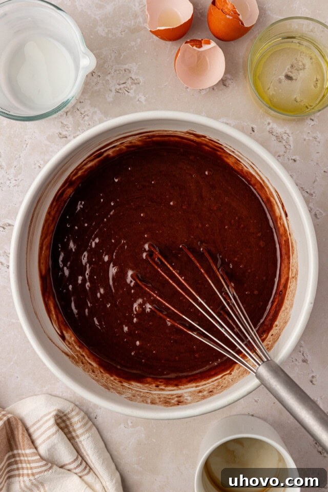 An overhead view of a smooth, glossy chocolate olive oil cake batter in a mixing bowl after all ingredients are combined.
