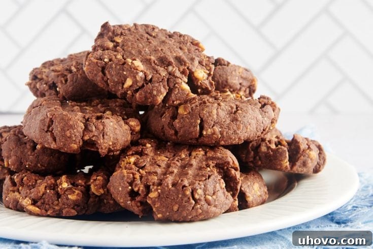 Chocolate peanut butter granola cookies stacked on a plate, looking inviting and ready to be enjoyed.