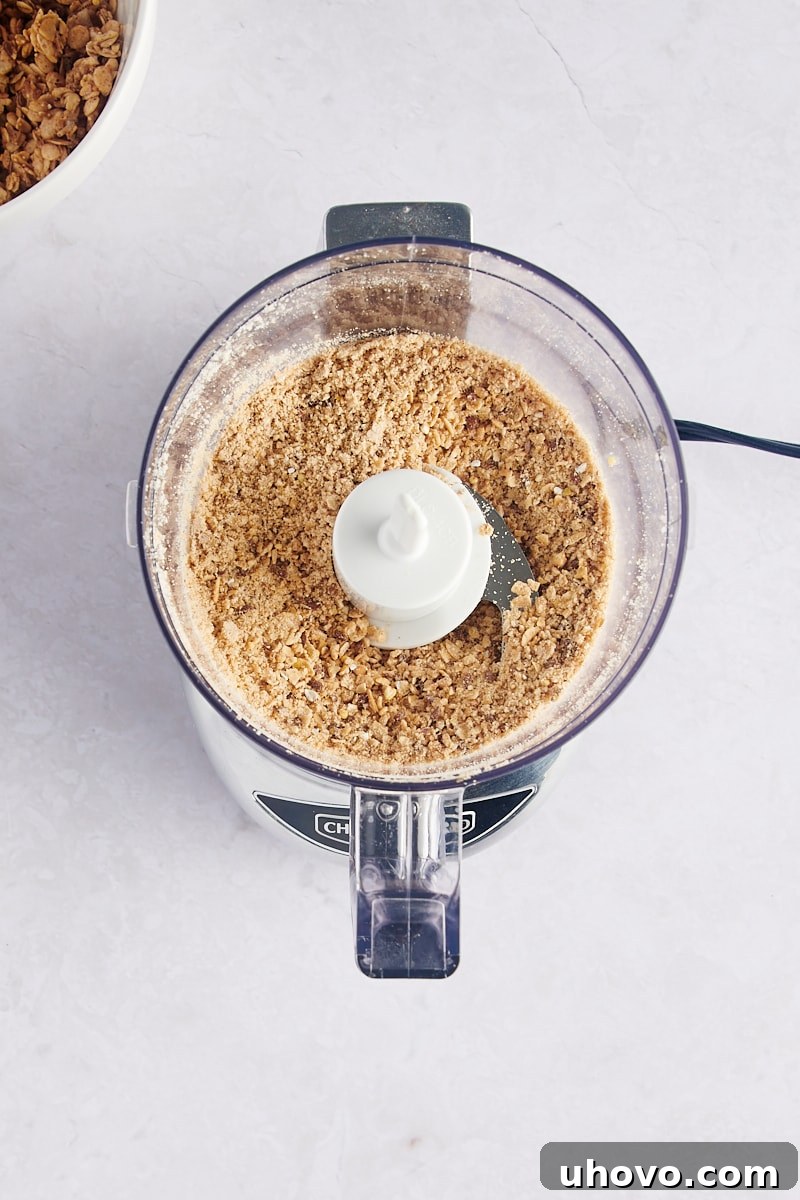 Finely ground granola resembling flour in a food processor bowl, ready for mixing.