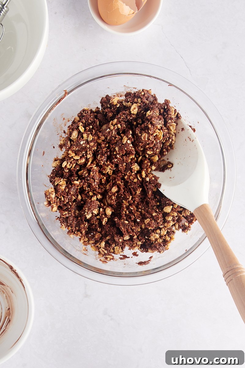 Finished chocolate peanut butter granola cookie dough, perfectly mixed and ready for shaping, with a spatula resting in the bowl.