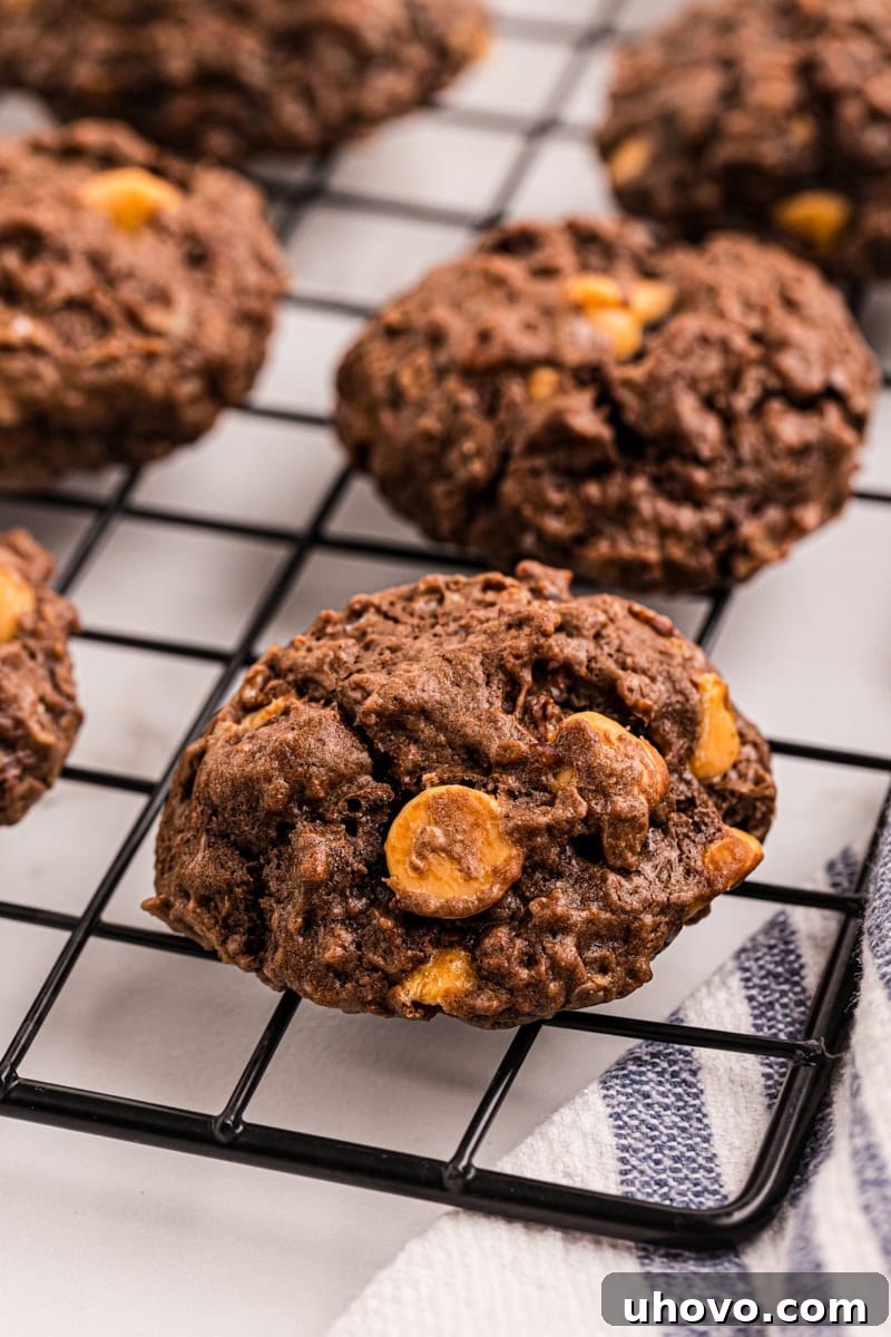 Closeup of freshly baked chocolate butterscotch cookies cooling on a wire rack, showcasing their slightly melted chips and golden edges.