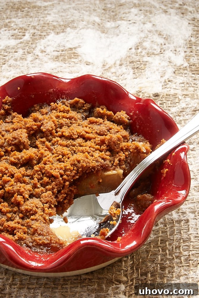A close-up of Apple Pear Biscoff Crisp, with a spoonful missing, inviting you to taste.