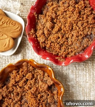 overhead view of Apple Pear Biscoff Crisps in individual baking dishes