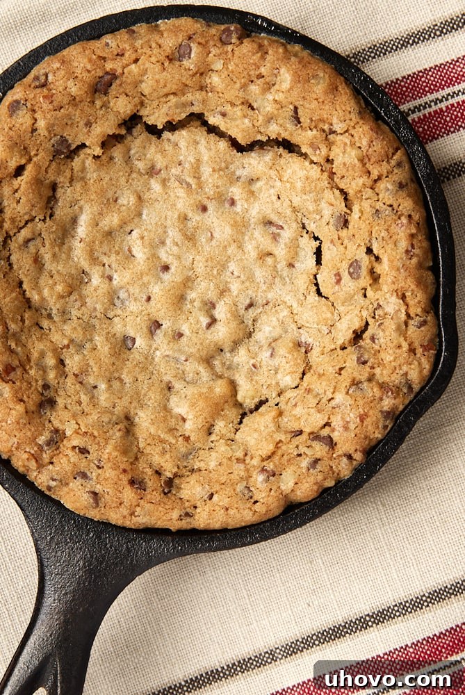 Overhead shot of a Mini Skillet Chocolate Chip Cookie ready to be served