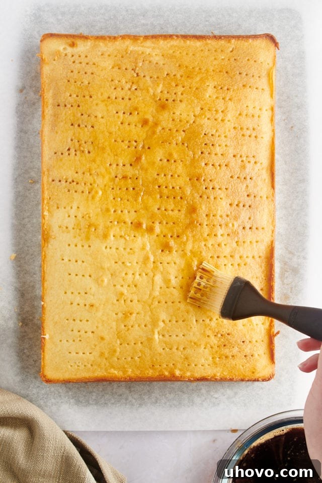 A pastry brush applying coffee mixture generously onto a poked vanilla cake.