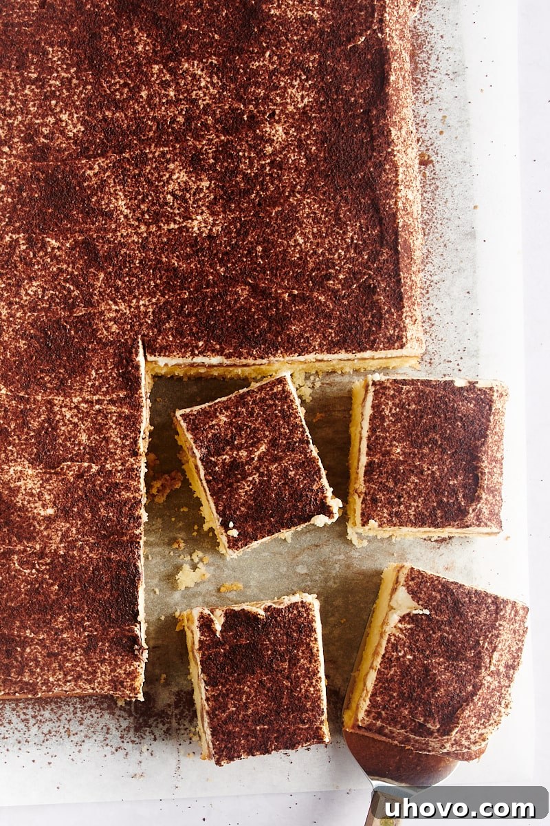 Overhead view of tiramisu cake with 4 pieces already cut, showing the layers.