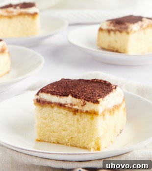 Slices of tiramisu cake on white plates