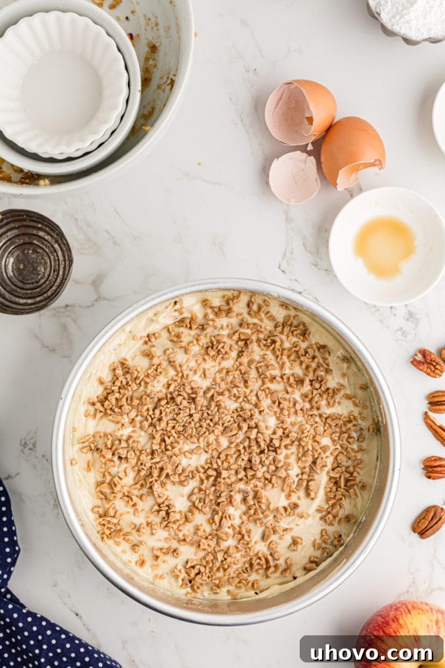 Overhead view of the unbaked apple streusel coffee cake in a pan, showing the layered batter, streusel, and toffee bits on top
