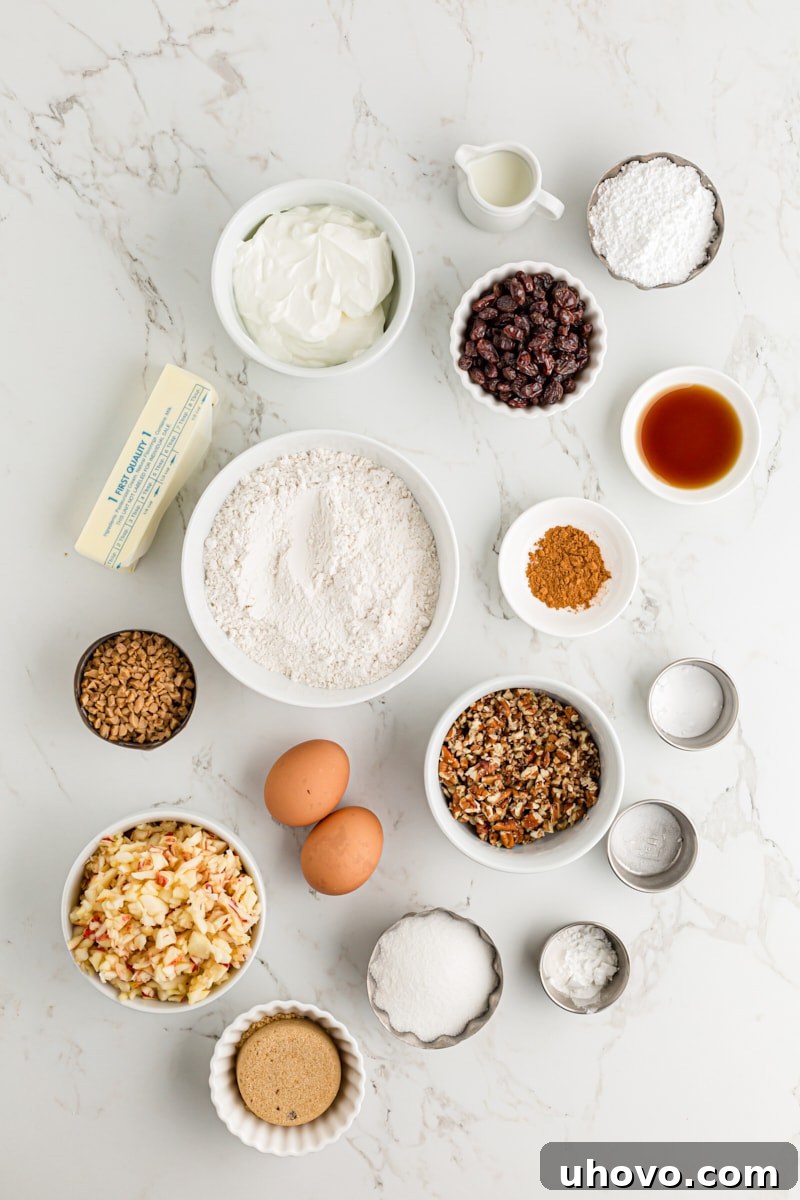 Overhead view of meticulously arranged ingredients for apple streusel coffee cake, including fresh apples, flour, butter, and spices
