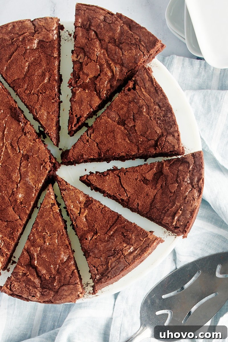 Overhead view of sliced brownie cake