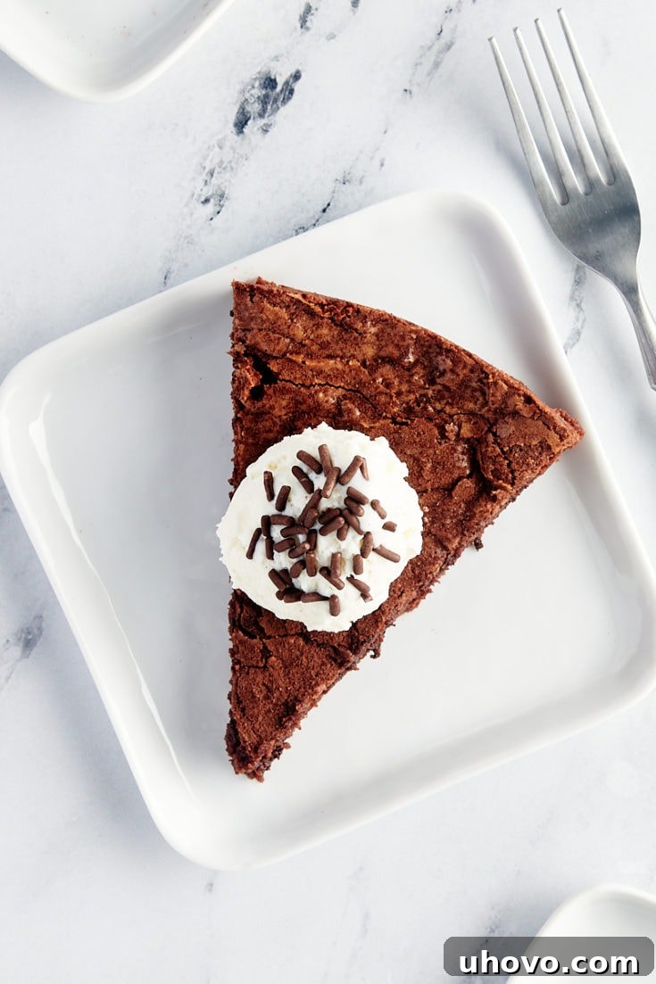Overhead view of brownie cake slice on plate