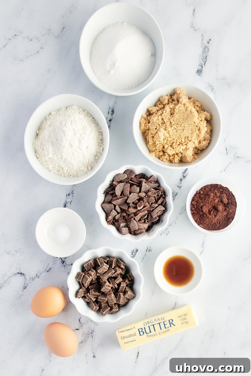 Overhead view of triple chocolate brownie cake ingredients