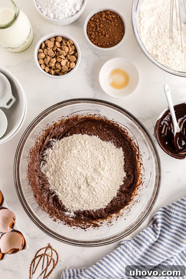 a mixture of flour, baking powder, baking soda, and salt added to cake batter