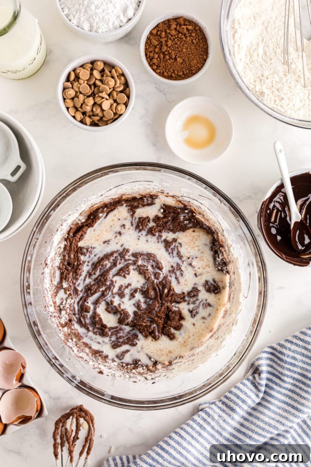 milk added to chocolate cake batter
