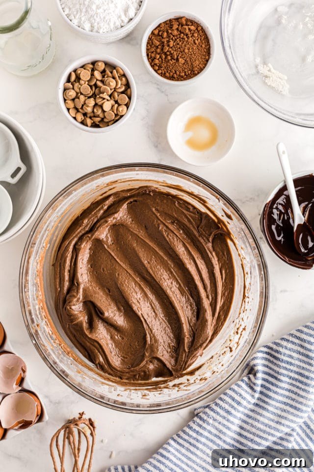 overhead view of chocolate cake batter in a glass mixing bowl