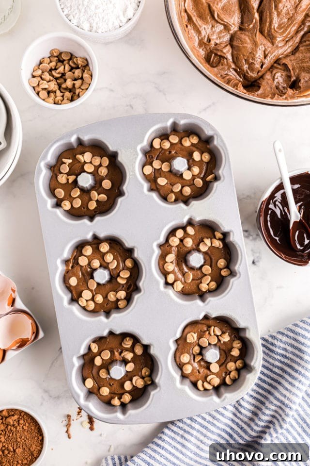peanut butter chips scattered over chocolate cake batter