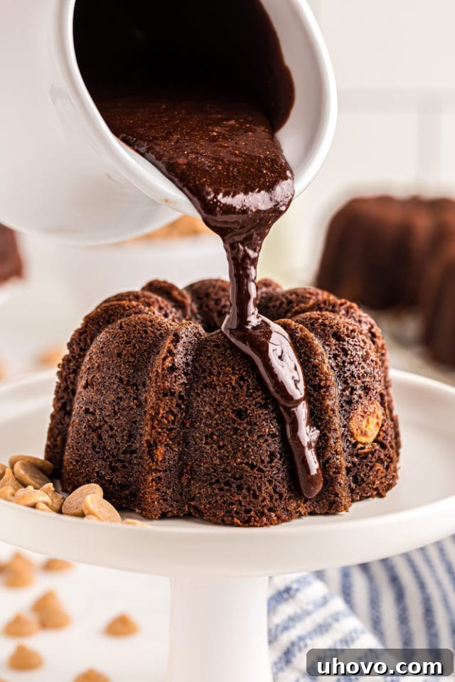 chocolate glaze poured over a Mini Chocolate Bundt Cake