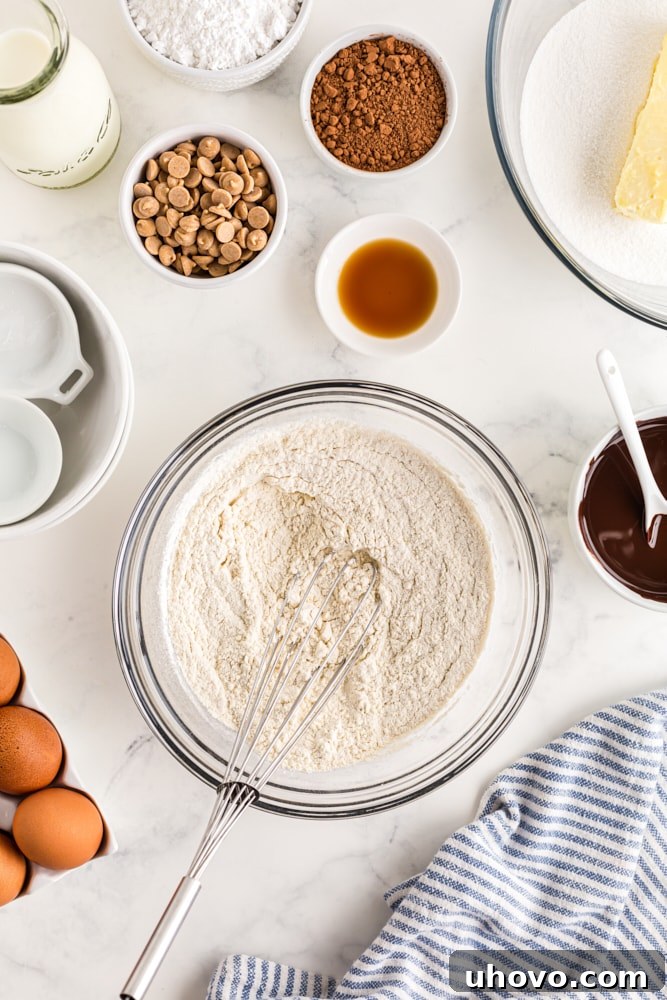 overhead shot of dry ingredients for Mini Chocolate Bundt Cakes