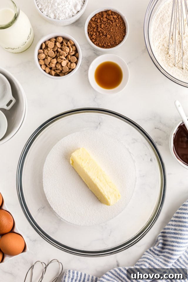 overhead shot of sugar and butter in a glass mixing bowl