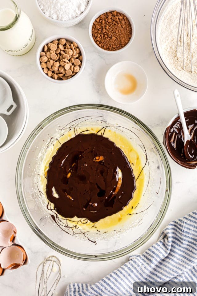 overhead shot of melted chocolate added to cake batter