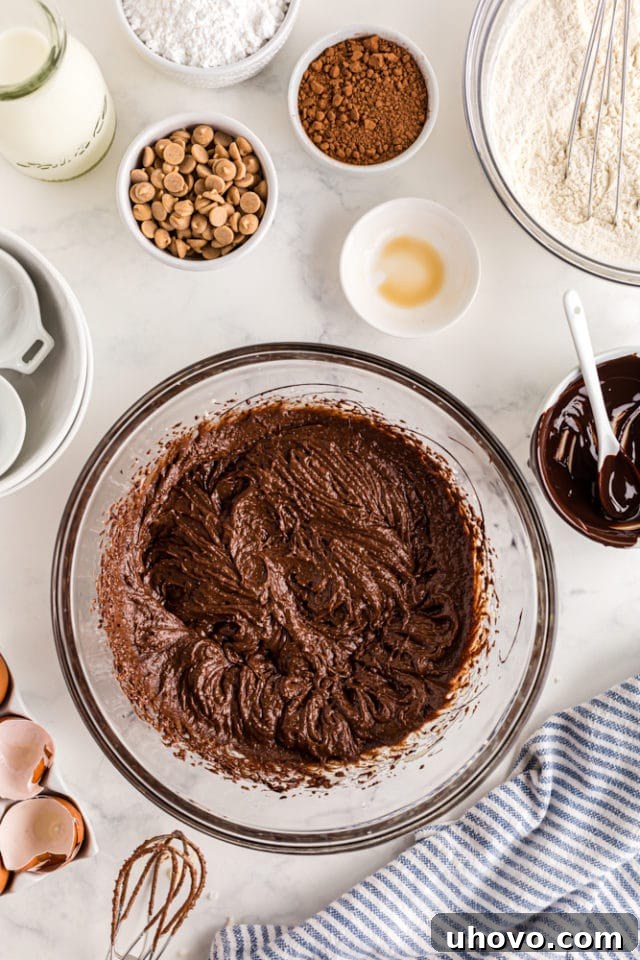overhead shot of mixed wet ingredients for chocolate bundt cake