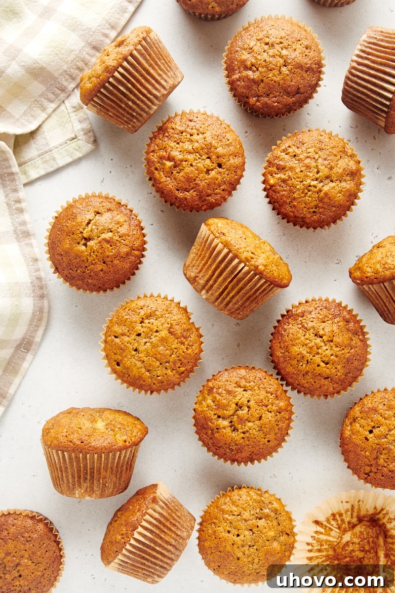Overhead view of numerous perfectly baked banana and nut muffins, some with visible nut pieces on top, scattered on a pristine white surface.