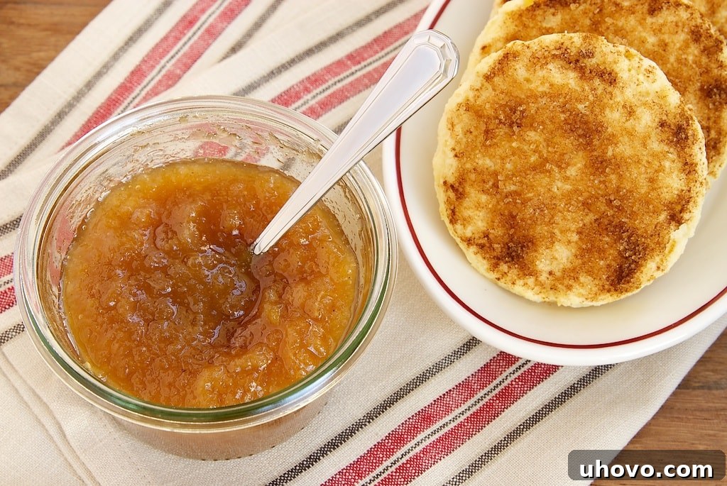 A close-up of homemade Apple-Pear Butter served in a rustic bowl with cinnamon sticks, evoking warmth and comfort. Perfect for pairing with various baked goods.