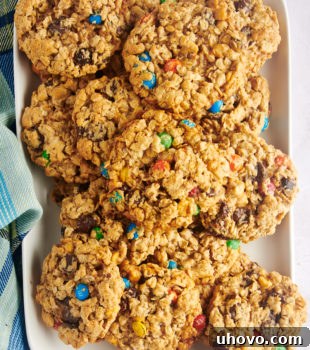 Overhead view of monster cookies on platter