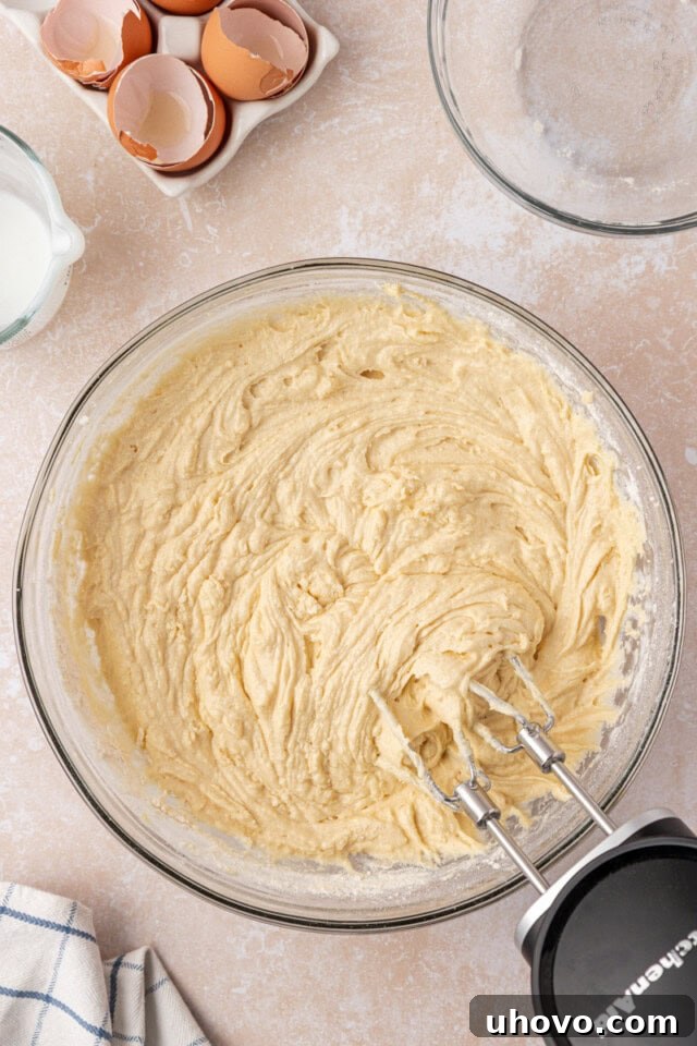 Overhead view of the fully mixed buttermilk pound cake batter in a mixing bowl, showcasing its smooth and thick consistency.