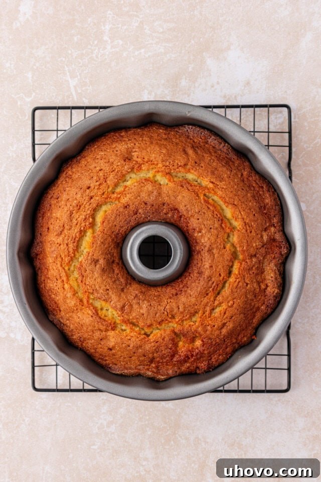 Overhead view of a freshly baked buttermilk pound cake still in its Bundt pan, resting on a wire cooling rack.