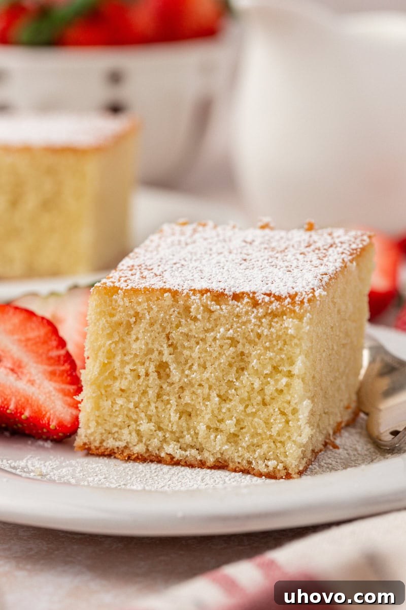 A beautifully presented slice of hot milk cake, dusted with powdered sugar and garnished with fresh strawberries, inviting a taste of its delicate texture.