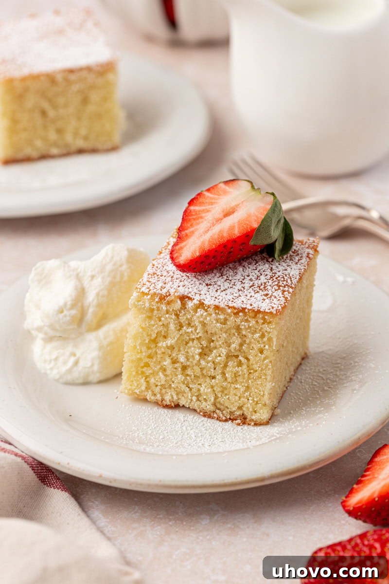 A delectable slice of hot milk cake, elegantly adorned with a dusting of powdered sugar and a vibrant slice of fresh strawberry, perfectly capturing its sweet simplicity.