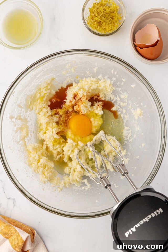 Egg, vanilla extract, lemon zest, and lemon juice are added to a bowl of creamed butter and granulated sugar, ready for mixing.