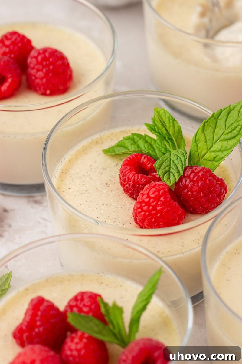 close up of vanilla panna cotta topped with fresh raspberries and mint leaves