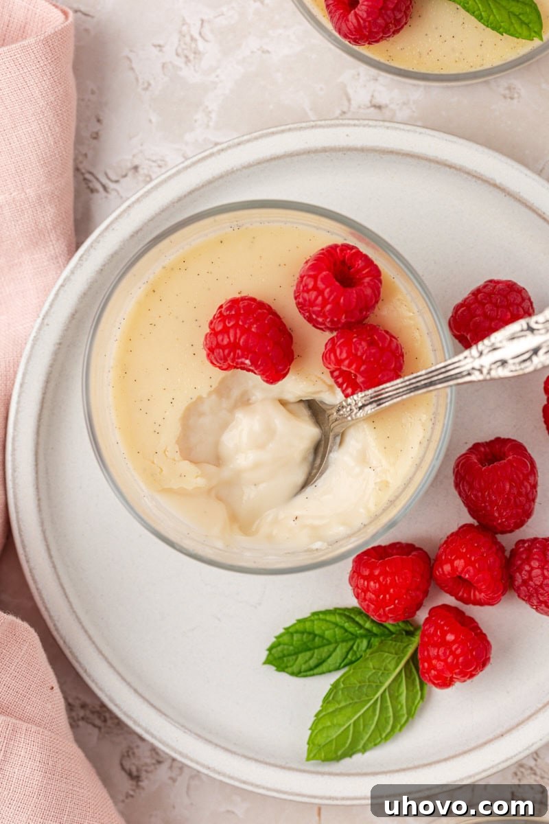 overhead view of a spoonful of vanilla bean panna cotta resting on top of remaining custard topped with fresh raspberries