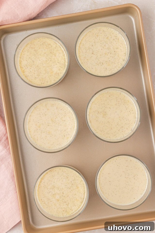 six servings of panna cotta in dessert glasses chilling