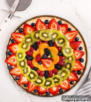 overhead view of fruit pizza