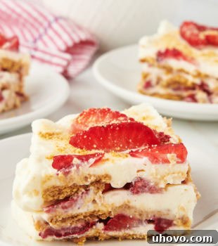 slice of strawberry icebox cake on white plate