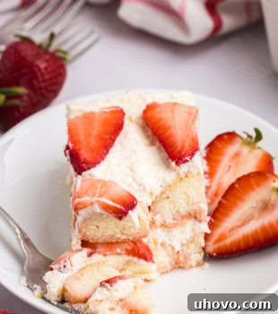 a slice of strawberry tiramisu on a plate with a bite on a fork