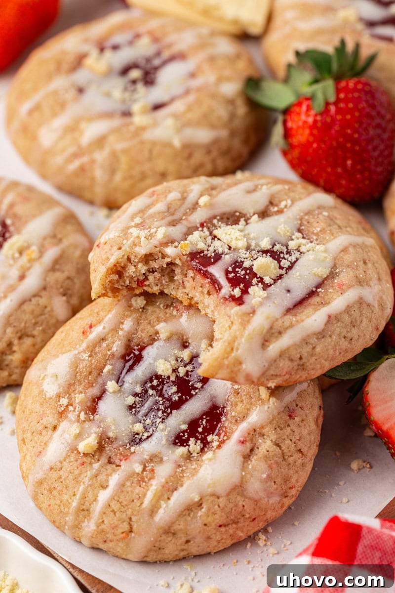 soft strawberry shortcake cookies with strawberry jam centers, drizzled with glaze and topped with shortbread crumbs, one with a bite taken
